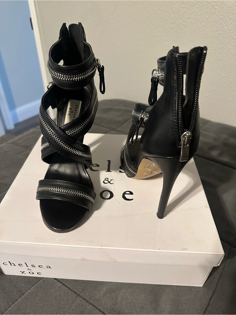 Chelsea & Zoe Black Zip-Trim Crisscross Stiletto Sandals